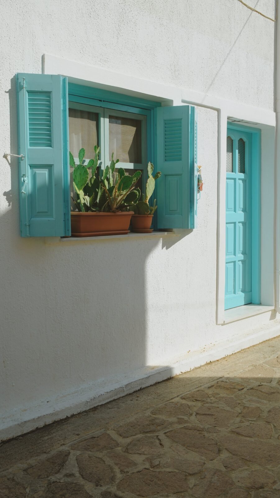 White house with turquoise shutters and door, with a cactus in the window, on the island of Lesvos, Greece.