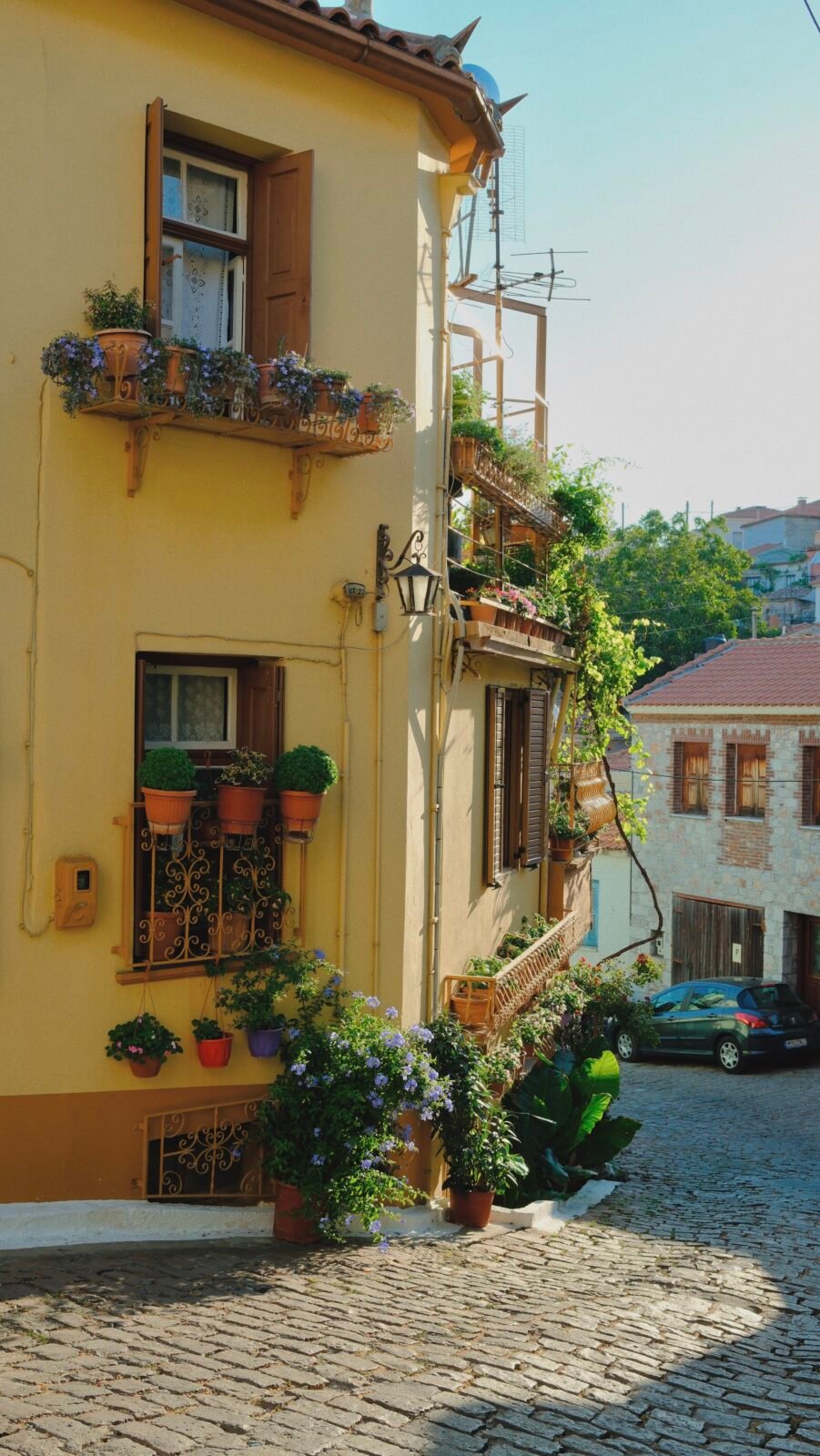 Traditional cobblestone streets in Agiasos, Lesvos, Greece.