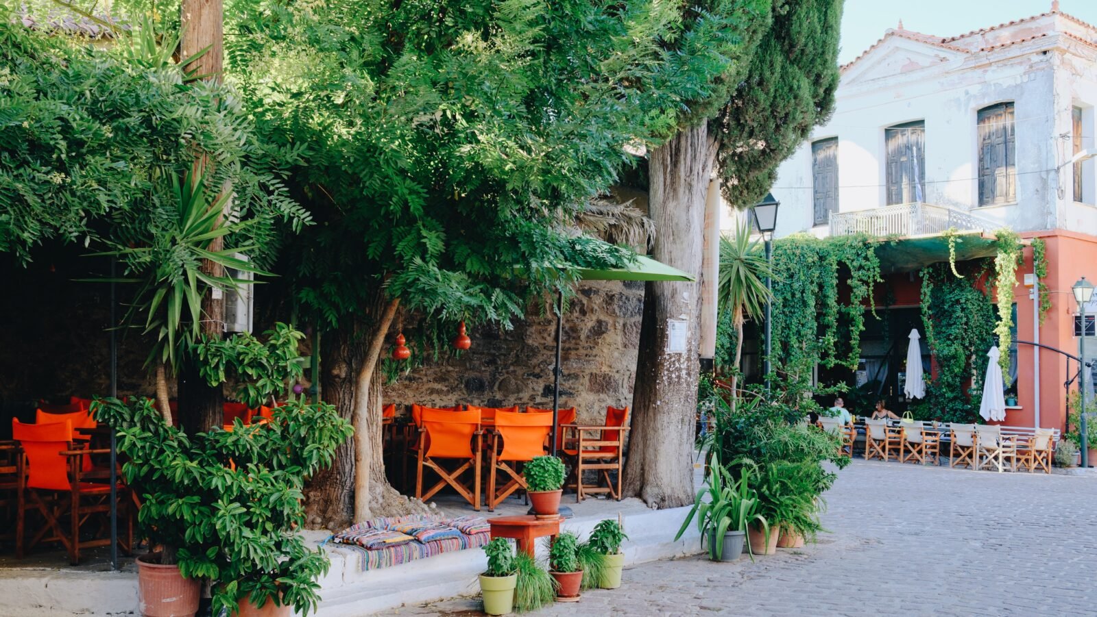 Café with lush green plants in the charming inland village of Mantamados, Lesvos, Greece.