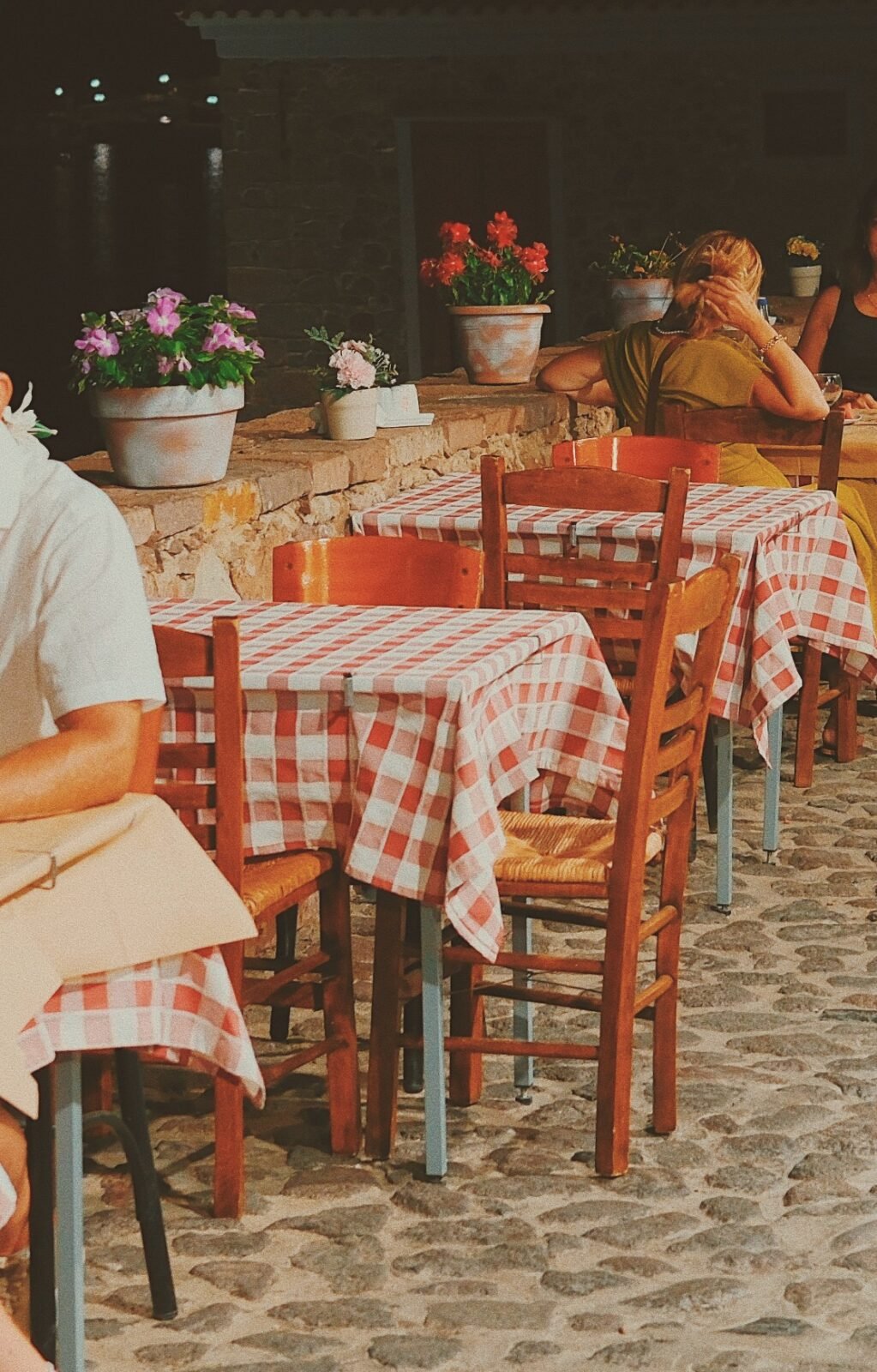 Tables with checked tablecloths at Martin's Restaurant in Molyvos