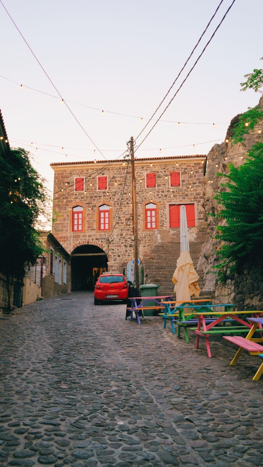 Traditional cobblestone street in charming Molyvos, Lesvos, Greece.