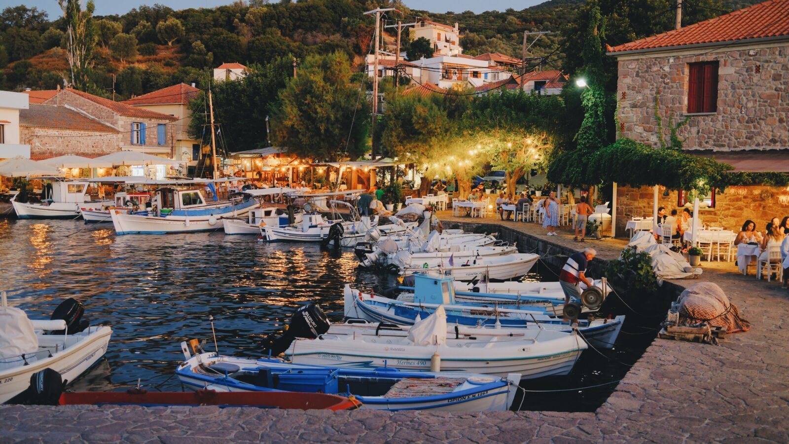 Sunset over Skala Sikamineas harbour on Lesvos, Greece.