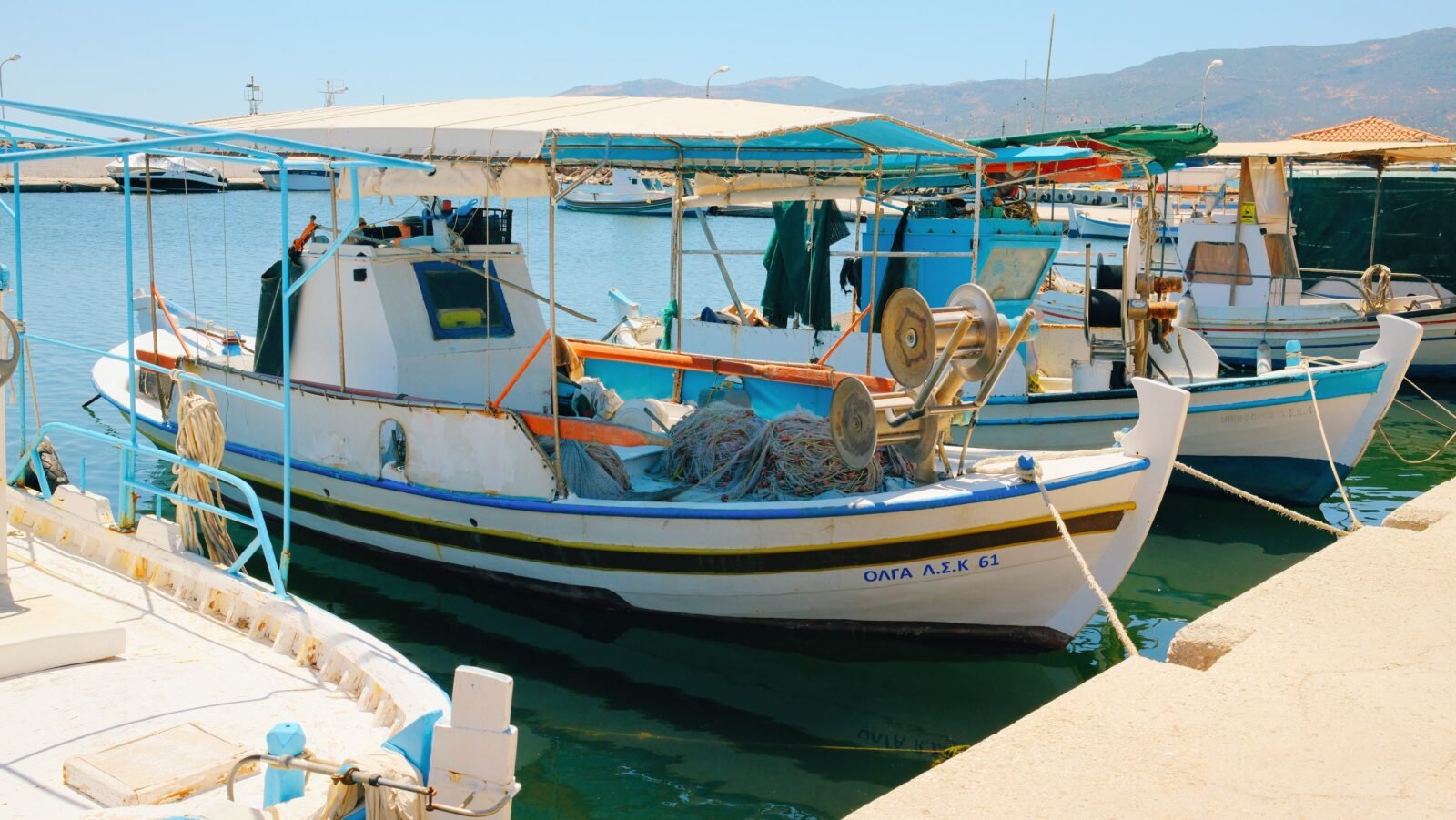Traditional fishing boat in the charming village of Skala Kalloni, Lesvos, Greece.