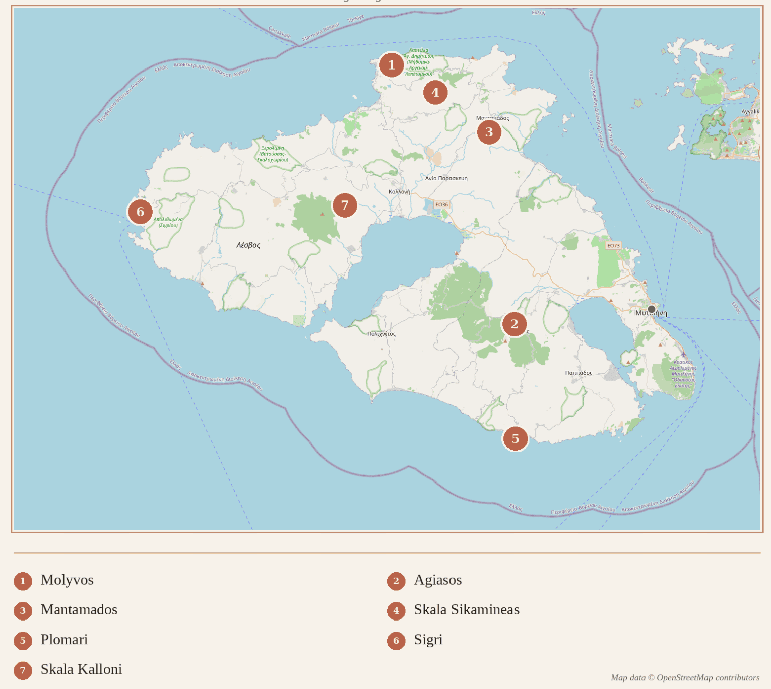 Map of Lesvos showing the 7 charming villages in this guide: Molyvos, Agiasos, Mantamados, Skala Sikamineas, Plomari, Sigri and Skala Kalloni