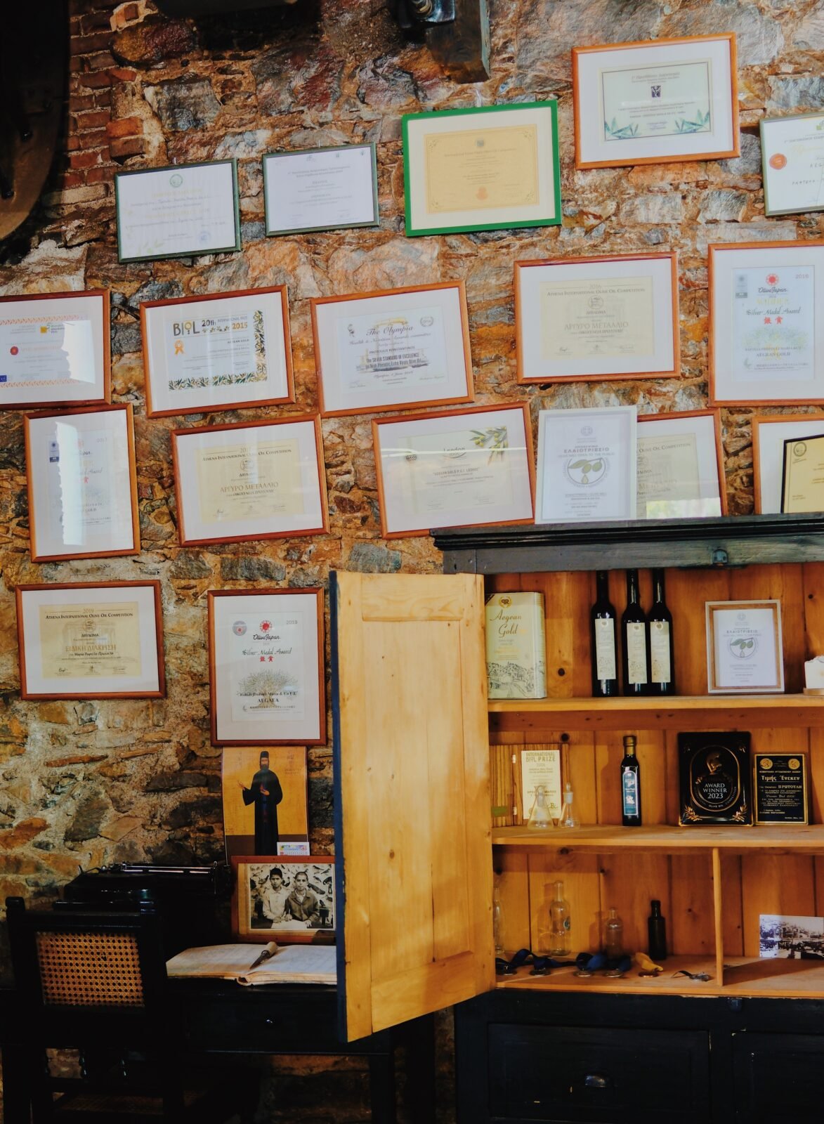 Olive oil tasting at Protoulis Olive Mill in Plomari, Lesvos, Greece.